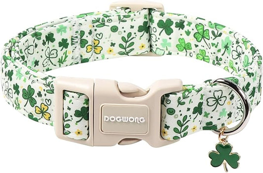 DOGWONG St Patrick's Dog Collar, Green Clover Pet Collar Cotton Holiday Pet Collar Cute Puppy Collar Adjustable Pet Dog Collars for Small Dogs,S