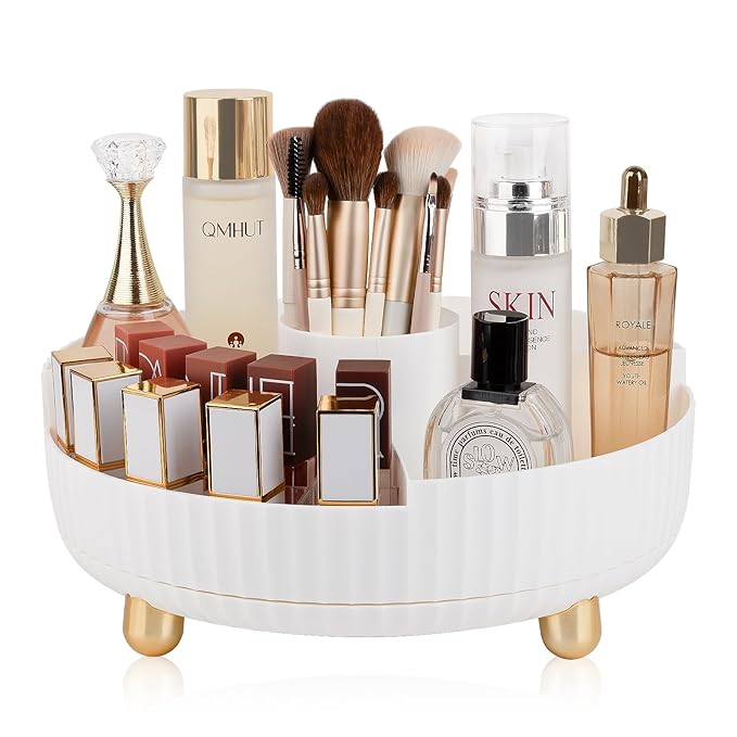 Anyoifax Makeup Perfume Organizer Tray with Divider 360 Degree Rotating Lazy Susan Skincare Lotion Organizer Spinning Cosmetics Storage for Dresser, Vanity, Bathroom Countertop, Large White