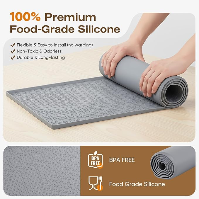 TRZZ Silicone Waterproof Under Sink Mat 34" x 19", Drip Tray and Cabinet Liner for Kitchen and Bathroom, Prevents Water Damage and Organizes Cabinets (Grey)