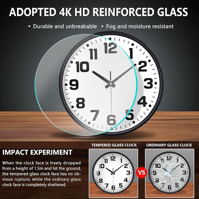 Modern Silent Wall Clock, 12 Inch Non-Ticking Battery Operated Clock, Round