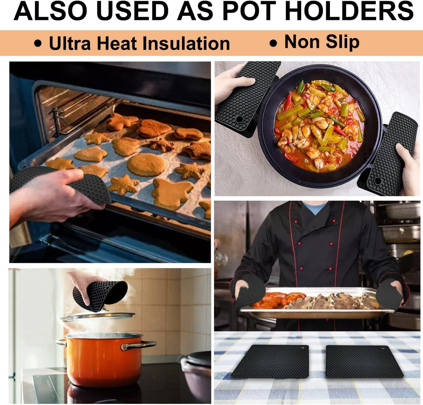 Walfos Silicone Trivet Mats - 4 Heat Resistant Pot Holders, Multipurpose Non-Slip Hot Pads for Kitchen Potholders, Hot Dishers, Jar Opener, Spoon Holder, Food Grade and BPA Free (Red)