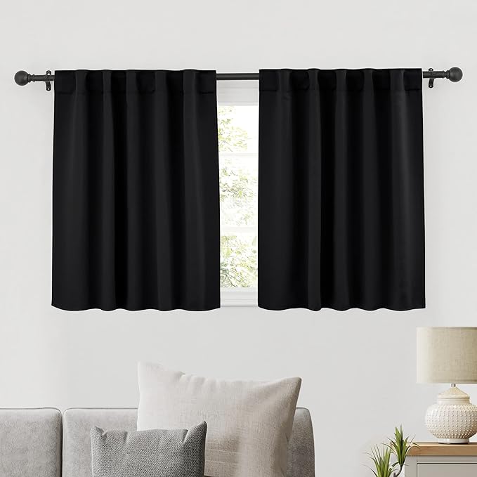 RYB HOME Short Black Curtains for Bedroom, W42 x L36 inch, 2 Panels