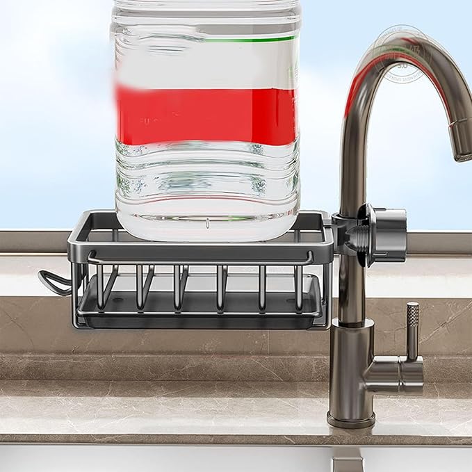 Haofy Kitchen Faucet Sponge Holder, Sink Faucet Organizer with Drip Tray for Dish Soap Brush, 5.7 x 10.5 x 3.5 (Black)