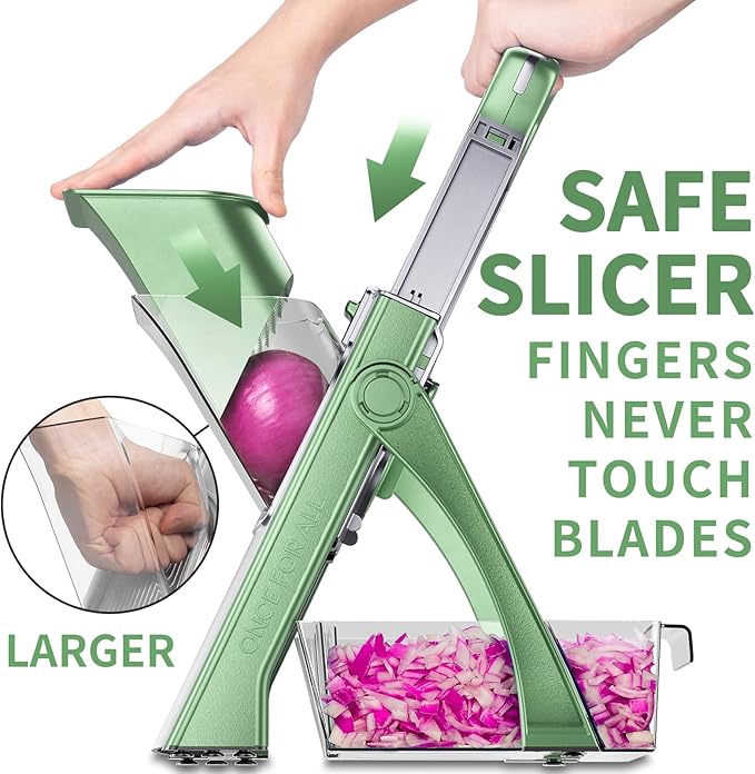ONCE FOR ALL Upgrade Safe Mandoline Slicer Plus, Adjustable Vegetable Food Chopper Potato Fries French Fry Cutter, Detachable Blade, Kitchen Chopping Artifact, New Kitchen Gift JS03 Green