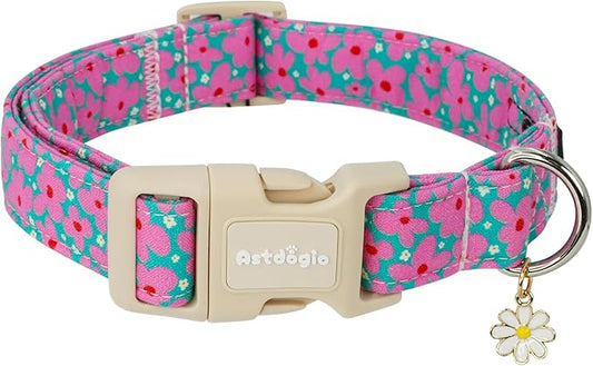Cotton Floral Dog Collar,Green Dog Collar with Pink Flower, Adjustable Puppy Dog Collars for Small Medium Large, Cute Girl or Boy Dog Collar Ideal for Gifts,Pet Accessory,XS