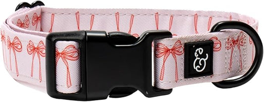Lucy & Co. Ballet Bows Dog Collar - Durable Lightweight Designer Collar for Pets - Adjustable Metal Safety Buckle - White & Pink Bows - Large