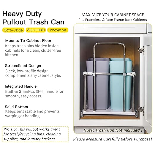 Slide Out Trash Can Holder Under Kitchen Cabinet, Heavy Duty Pullout Waste Container with 3 Adjustable Compartments for Waste & Recyclables, Wooden Base with Soft Close Slides, 17" Wide