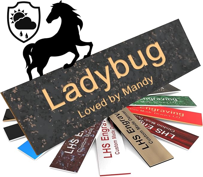 Horse Stall Name Plate, 2x10 Personalized Stall Signs, UV Protected, All Weather Adhesive, Hanging, Mounting or Other, Charcoal Marble Pattern Plastic Gold Letters - Made in USA - S6