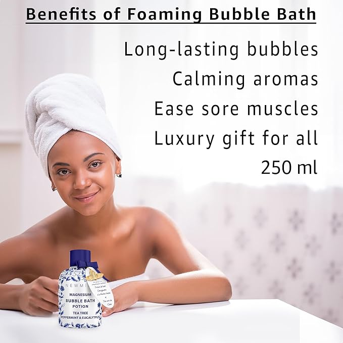 Magnesium Bubble Bath Long Lasting Foam for Sore Muscles Recovery Tea Tree Peppermint Eucalyptus Relaxing Stress Relief Calming Self Care Spa Gift