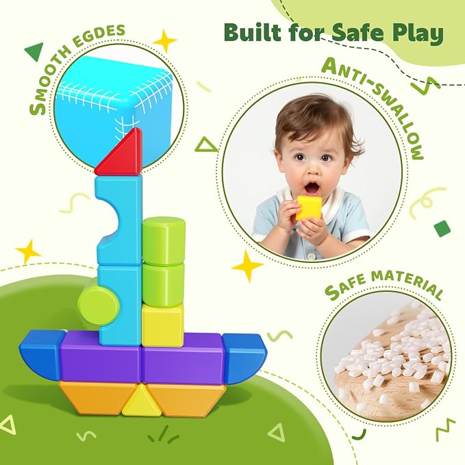 Pairez Toys Magnetic Blocks, Large Building Blocks for Toddlers 1-3 | 14 PCS Blocks, 7 Colors & 8 Shapes, 3D Stacking, Montessori Sensory Magnet Toy, Parent-Child Bonding, Toddler Travel Toys