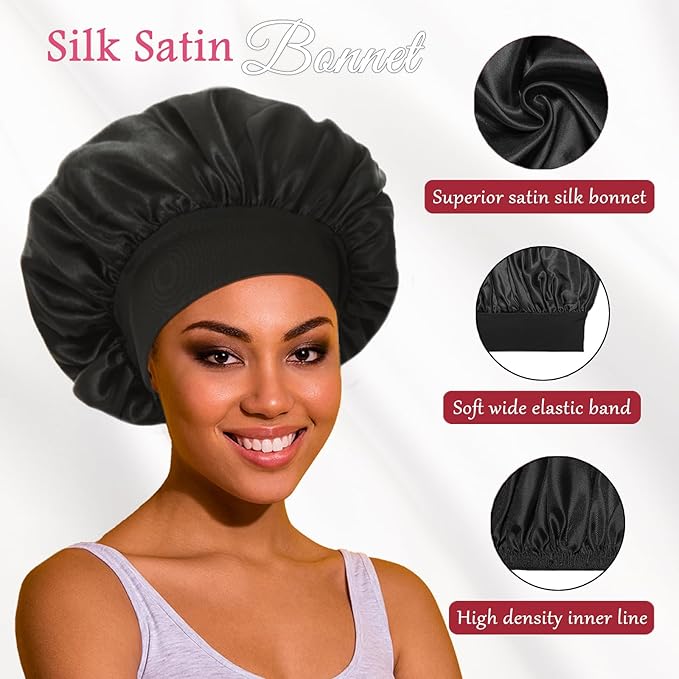 2pcs Satin Bonnets for Women, Silk Hair Bonnet for Sleeping, Wide Soft Band Large Silky Sleep Cap for Curly Hair Braids
