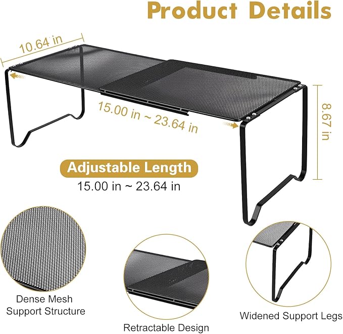 Extendable Dense Mesh Metal Shelf - 15-24.4in Adjustable Stackable Organizer for Kitchen, Bathroom, Shoe Cabinet & Tool Closet, Dust-Proof Small Item Friendly Storage Rack (2 Piece, White)