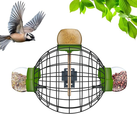 LONA Squirrel Proof Bird Feeding Cage for Outdoor All-Weather Metal Caged Bird Feeder with Peanut Butter Jar Holder, Trapeze Stick, Chew-Proof Feeding Cage for Small Birds (Round Cage, 3 Feeding Units
