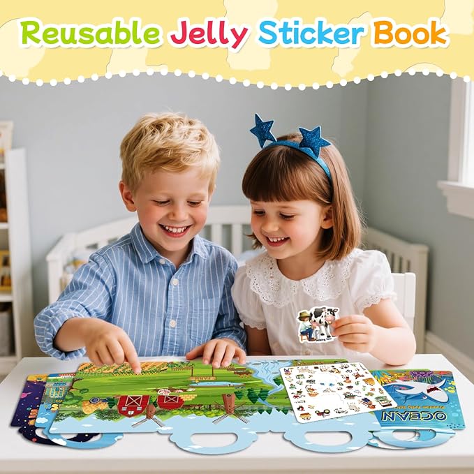 Reusable Sticker Book for Toddlers 3-6, Jelly Stickers for Kids, Sticker Activity Book Travel Toys for Car & Airplane, Educational Learning Gifts for Boys and Girls (Vehicles Cars theme)