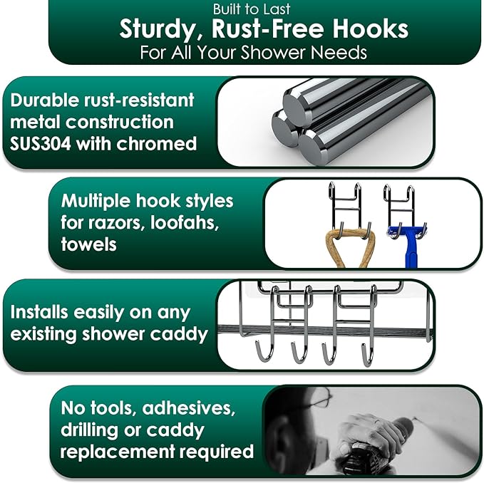 Shower Caddy with Hooks - 4 Pack Silver Razor Hanger and Loofah Holder