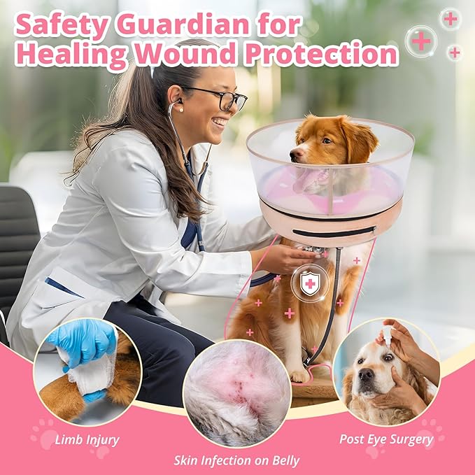 Inflatable Dog Cone with Transparent Shield, Protective Dog Donut Collar After Surgery to Stop Licking, Soft Donut Cone for Large Pets, Adjustable Recovery Collar with Buckle Visibility