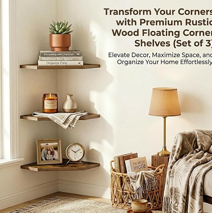 SUYU Set of 3 Floating Corner Shelves, 11.8" Rustic Wood Corner Shelf Wall