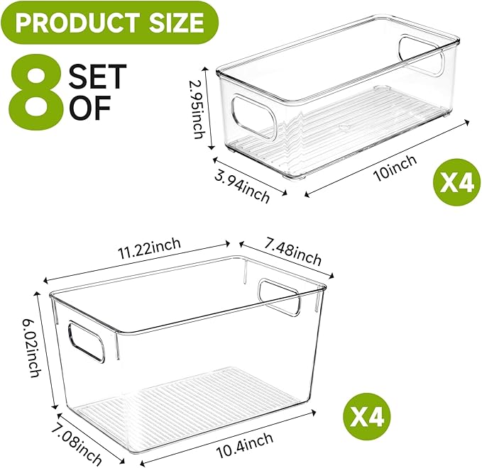 Clear Stackable Storage Bins with Handles, 8 Pack (4 Large + 4 Small)