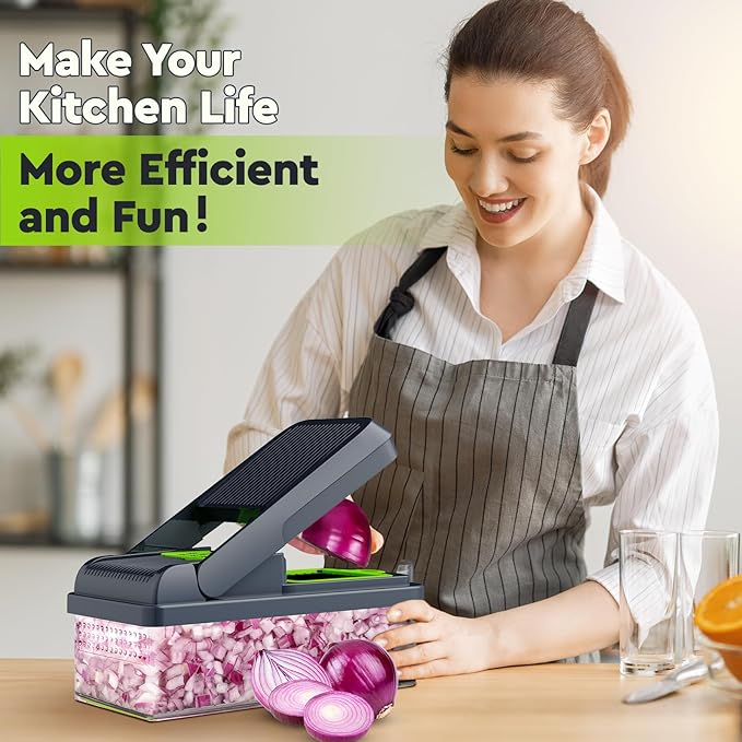 MealHelper 12-in-1 Vegetable Chopper, 7 Blade Veggie Chopper, Practical Food Chopper with Container, Cheese Grater, Home Essentials & Kitchen Gadgets(Green/Grey)