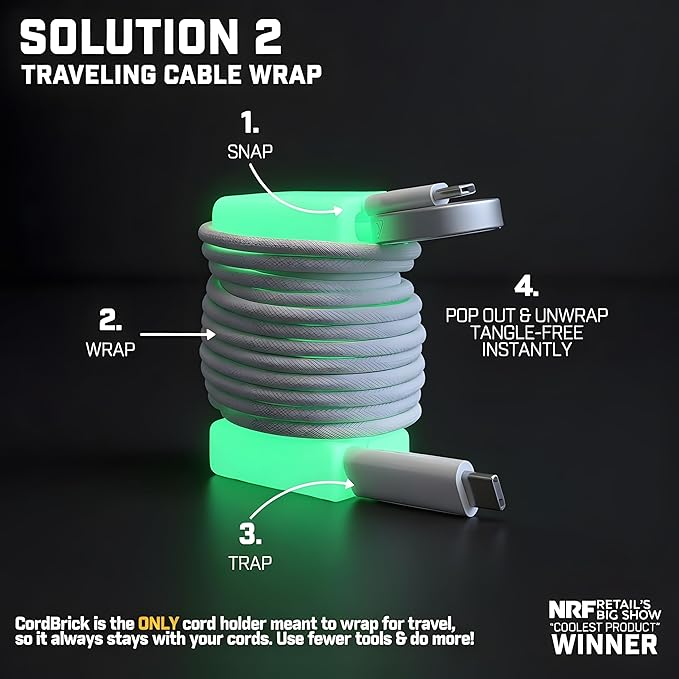 CordBrick Glowing Silicone + Steel Weighted Cable Holder for Nighstand, Cord Wrap for Travel, Unique iPhone Accessory. Small Graduation Gift for High Schoolers. Gadget for Teens. Blue Glow