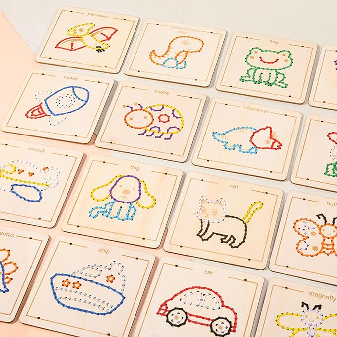 Wooden Lacing Sewing Cards Kit, Fine Motor Montessori Handcraft Educational Toy for Kids,Vehicles