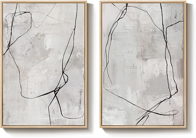 Large Framed Neutral Line Abstract Wall Art Set of 2