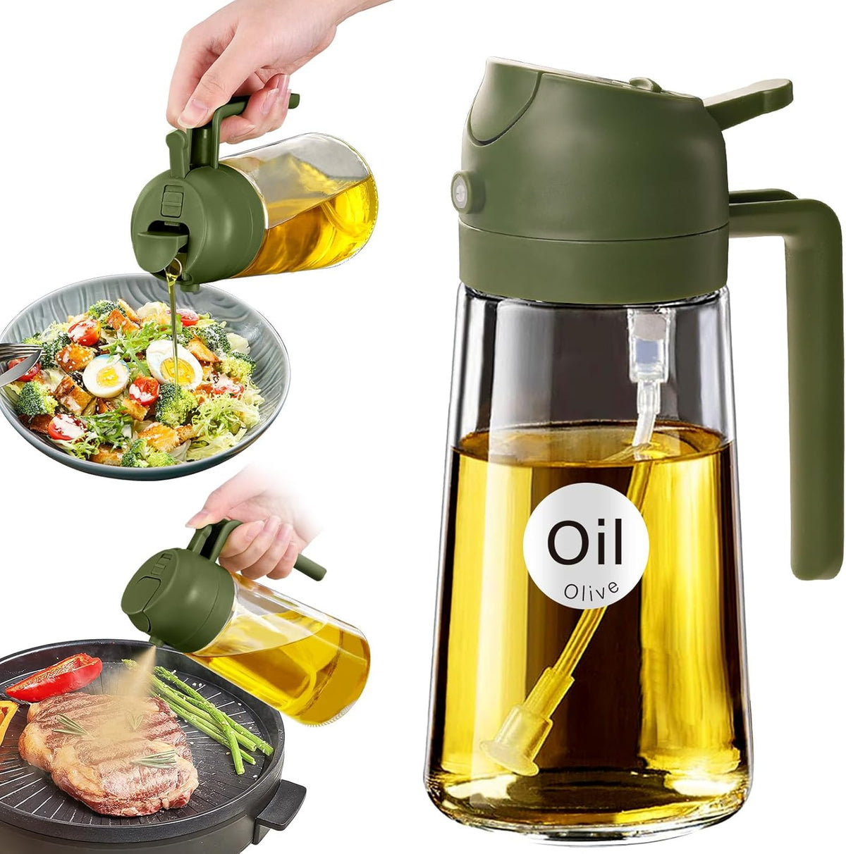 YARRAMATE 16oz/470ml Glass Olive Oil Sprayer for Cooking with Stickers, 2 in 1 Oil Dispenser for Kitchen Gadgets, Food Grade Premium Spray Bottle with Portion Control for Salad, Frying, BBQ (Black)