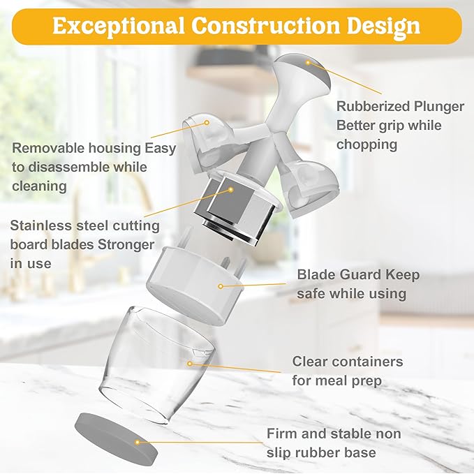 Food Chopper with Container – Manual Onion & Vegetable Chopper, 360° Stainless Steel Blades, Handheld Garlic Nut Veggie Cutter, Dishwasher Safe, Easy to Clean, White