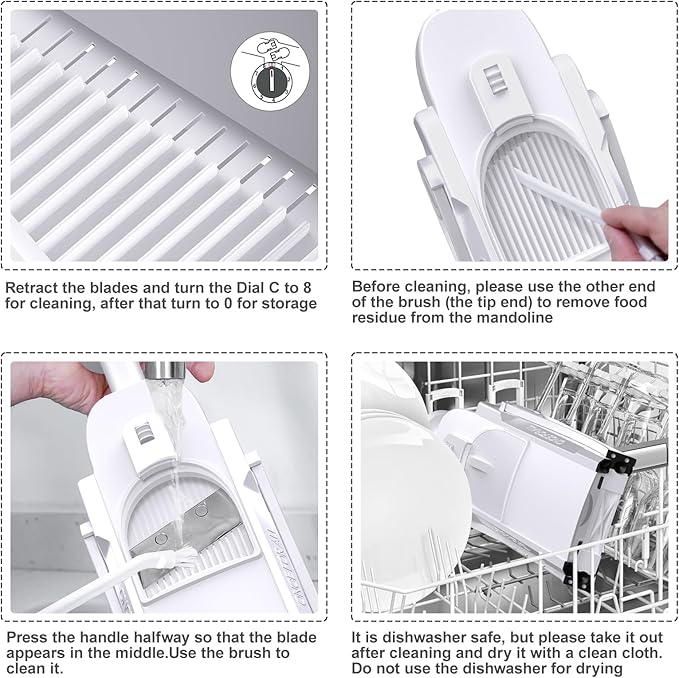 Safe Mandoline Slicer for Kitchen, Meal Prep, Potato Slicer, Adjustable/Easy to Clean/Storage, Kitchen Chopping Artifact, French Fry Cutter, Paring Knife/Cleaning Brush (only Slice, White)