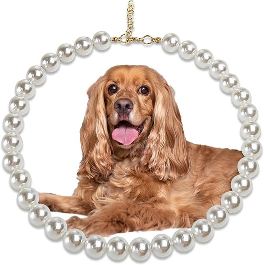 Chunky Pearl Dog Collar Large Breed (0.55 Inch), Adjustable Dog Necklace, Beaded Dog Collar Imitation White Pearls, Elegant Dog Jewelry Suit for Medium Large Dog 14"-16.7" Inner Circumference
