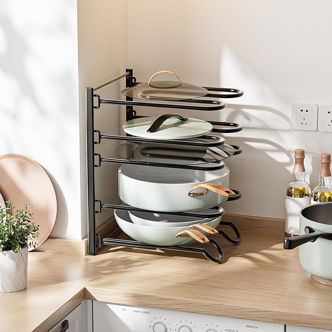 JAQ Pots and Pans Organizer, 13.18 inch Heavy Duty Pot Lids Rack Holder Adjustable Height for Muffin Tins, Baking Sheets, Skillets,Cookware,Bakeware in Cabinets Shelf Countertop Pantry-Black