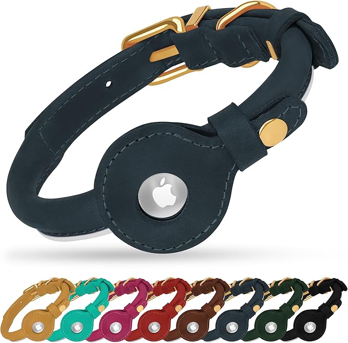 OOPSDOGGY Rolled Leather Dog Collar with Airtag Holder - Reflective Round Airtag Dog Collar - Soft Tracking Pet Collar for Small Dogs Puppy Cats Kitten (Denim, M, 12"-15")