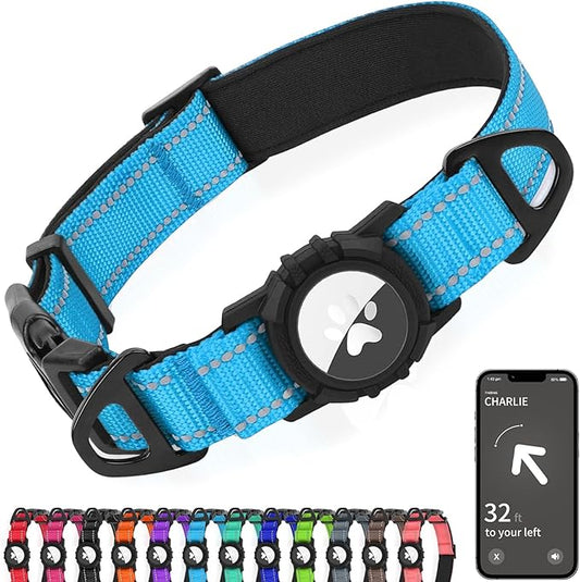 Joytale Airtag Dog Collar, Reflective Pet Collar with Waterproof AirTag Holder, Dual D-Rings, Soft Padded Adjustable for Extra Small and Puppy Dogs, SkyBlue, XS