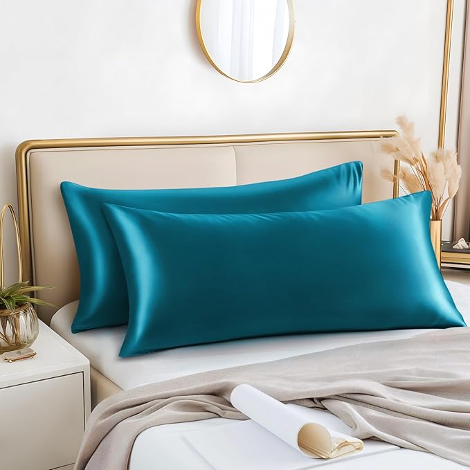 BEDELITE Satin Body Pillow Cover 2 Pack, Super Soft and Cooling Body Pillow Pillowcase for Hair and Skin, Breathable Silky Full Long Pillowcase Cover(20"x54", Teal)