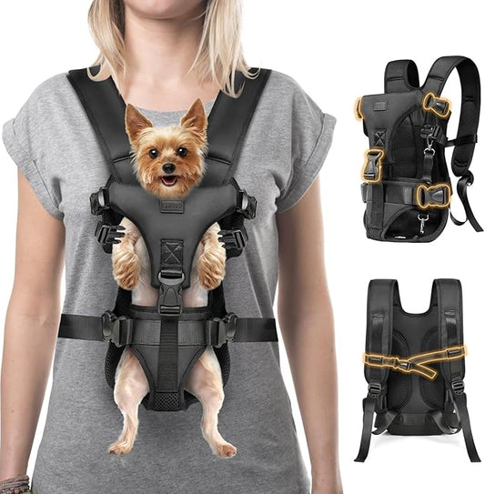 Dog Front Carrier Backpack, Legs Out Secure-Fit Pet Chest Carrier for Small Dogs (6-24 lbs), Adjustable Pet Carriers with Safety Belt, Hands Free Dog Backpack Carriers for Hiking Cycling (M, Black)