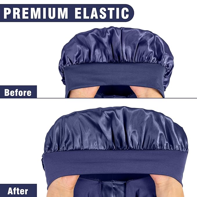 2Pcs Bonnets for Black Women Braid Bonnet, Large Long Satin Bonnet for Braids, Silk Bonnet with Stretchy Tie Band Sleep Cap Hair (2Pcs-Black&Dark Blue)
