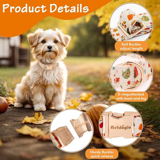 Autumn Dog Collar，Soft Cotton Handmade Pet Collar with Autumn Tea Party Design for Small Medium Large Dogs, Adjustable Collars for Fall Walks，Tea-Time Adventures & Fireside Snuggles -XS