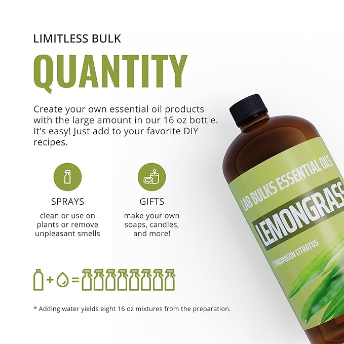 Lemongrass Essential Oil 2-Pack, 16oz Bottle, Bulk for Diffusers, Home, Care, Aromatherapy, Candles
