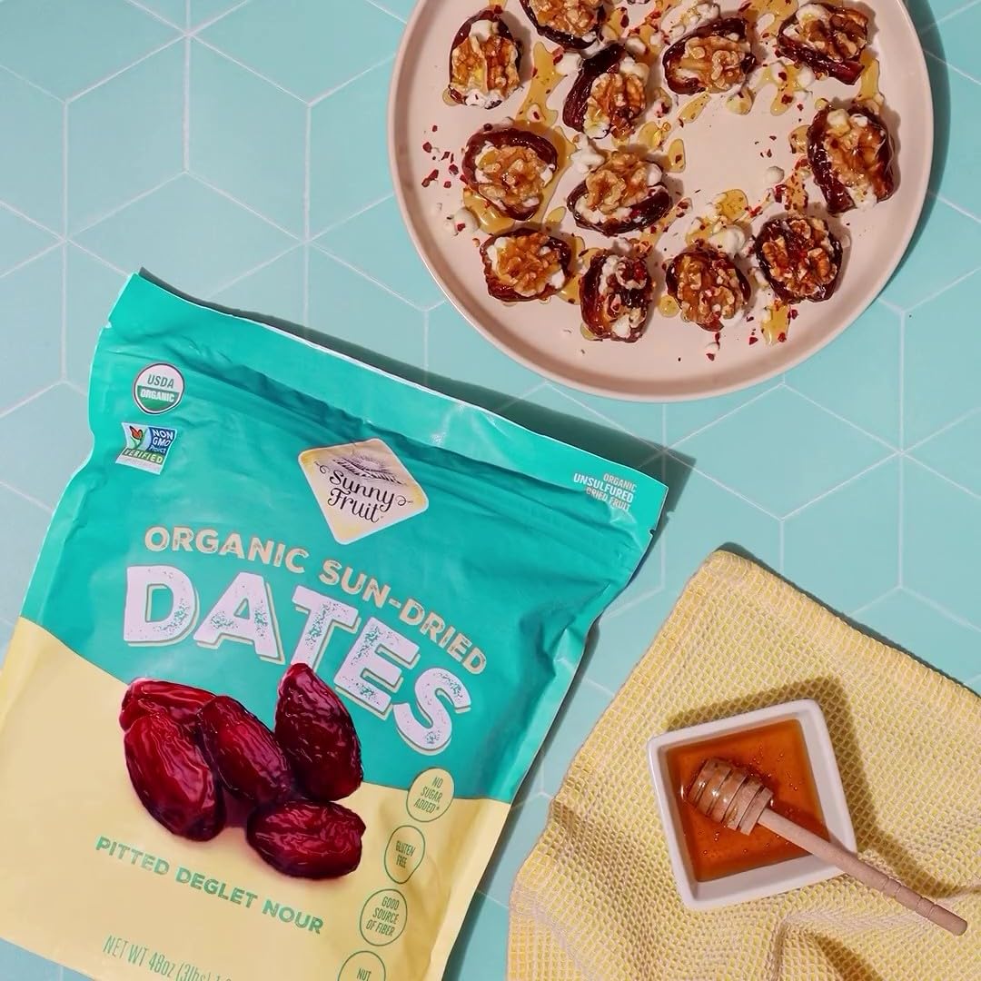 ORGANIC Pitted Dates (Deglet Nour) - Sunny Fruit 48oz Bulk Bag (3 lbs) | NO Added Sugars, Sulfurs or Preservatives | NON-GMO, VEGAN, HALAL & KOSHER