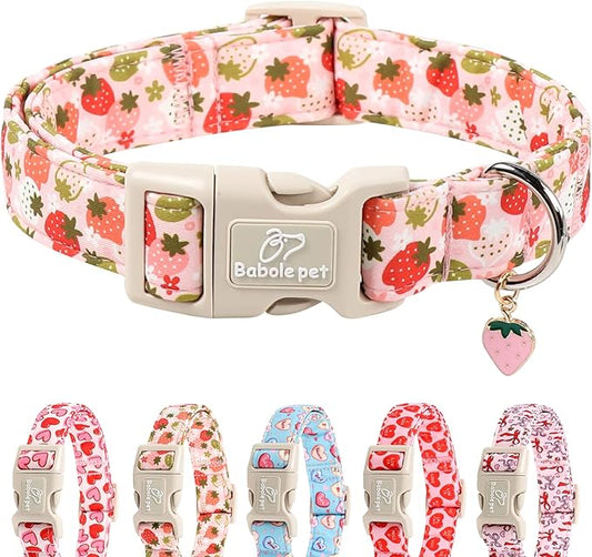 Strawberry Dog Collar for Large Dogs - Cute Spring Pink Dog Collars, Summer Pastel Puppy Collars, Soft Adjustable Boy Girl Dogs Collar with Quick-Release Buckle XL