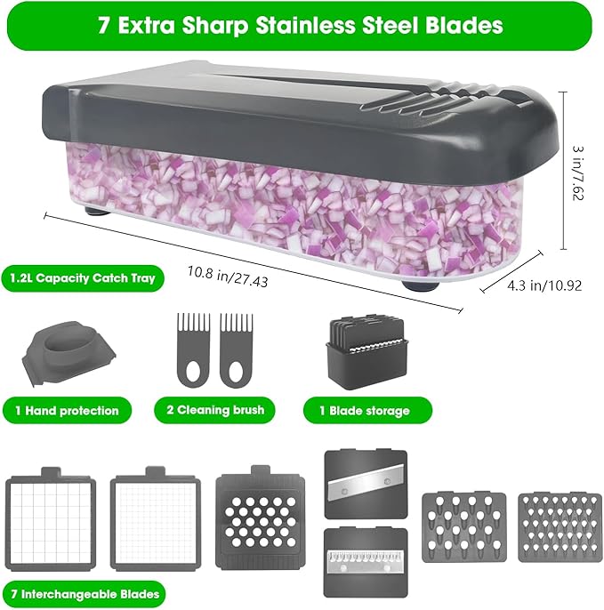 LHS Vegetable Chopper Multifunctional Food Chopper Onion Chopper Vegetable Slicer Dicer Cutter Potato Cutter Veggie Chopper with Container(10 in 1, Grey)