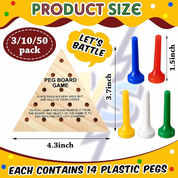Zhanmai 3 Sets Wooden Triangle Peg Travel Game, Multi-Color Peg