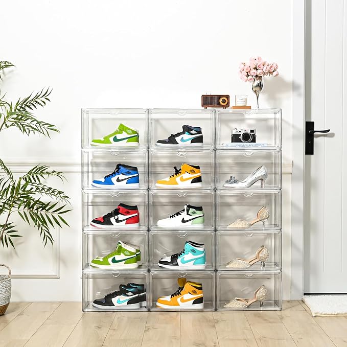 Clear Shoe Organizer,Stackable Shoe Display Case,Shoe Box Storage Bins with Magnetic Door,Fit Shoe Size Up to US 14 (X-Large-3Pack)