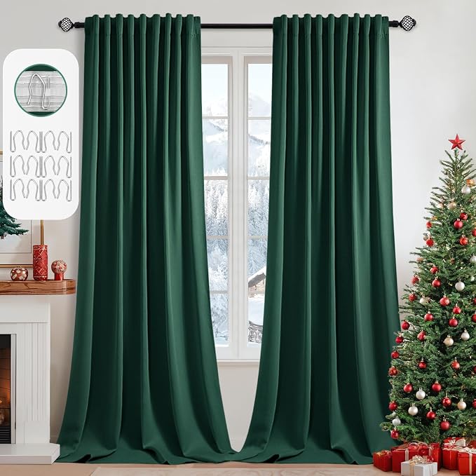 MIULEE Christmas Hunter Green Back Tab Blackout Curtains 108 Inch Long 2 Panels
