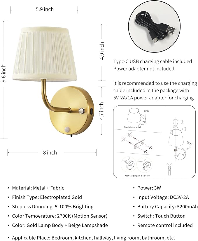 PUSU Motion Sensor Gold H9.6 inch Small Wall Sconces Set of 2, LED Cordless