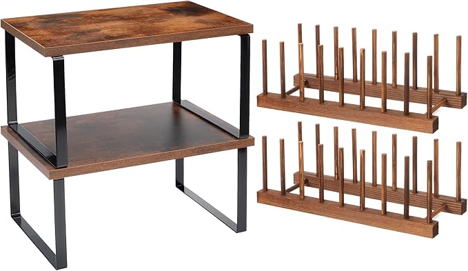 Marsui 4 Pcs Kitchen Organizer Accessories Set Cabinet Organizer Shelf and Bamboo Dish Drying Plate Rack Counter Shelves Storage Holder for Spice Rack, Dish, Pot Lid, Bowl, Cup(Deep Color)