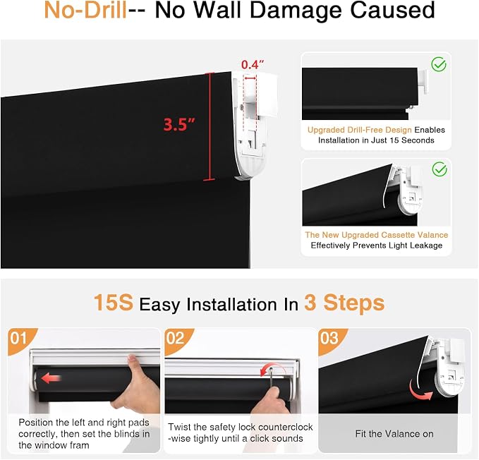 AOSKY No Drill Cordless Blackout Roller Shades