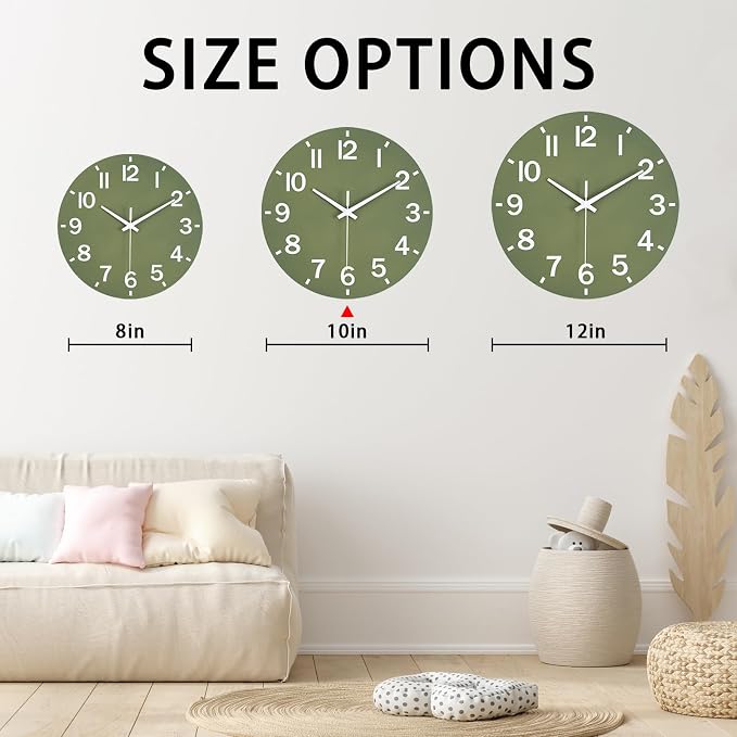 HZDHCLH Wall Clock 10 Inch Silent Non Ticking Wood Battery Operated Green