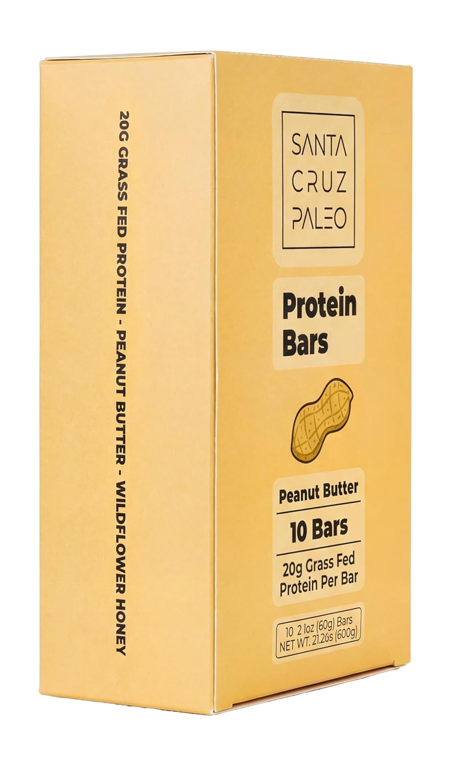 Santa Cruz Paleo Protein Bar – 20g Grass-Fed Whey & Collagen Protein – Wildflower Honey Sweetened, No Seed Oils, High Protein Snack Bar (Peanut Butter Flavor, Pack of 10)