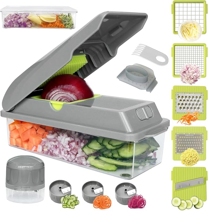 LHS Vegetable Chopper, Multifunctional Food Chopper, Pro Onion Chopper, Vegetable Slicer Dicer Cutter with 5 Blades, Veggie Chopper with Container, 3 in 1 Spiralizer Included(9-in-1,Grey)